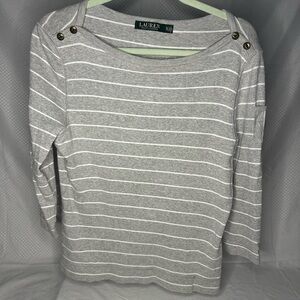 Lauren Ralph Lauren Gray and White Striped Long Sleeve Top